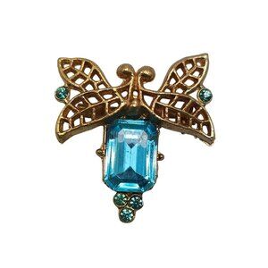 Vintage Gold Tone Filigree Butterfly Brooch With Blue Gemstone Rhinestones